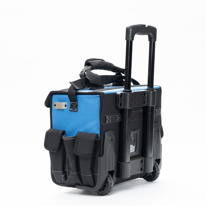 Blue heavy duty tool bag with wheels and divider