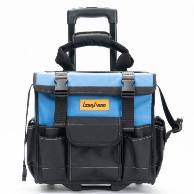 Blue heavy duty tool bag with wheels and divider